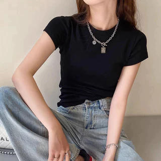 BOSSY เสื้อยืดไหล่เอวหยิกสีขาวแขนสั้นของผู้หญิงสลิมฟิตเสื้อฐานสั้นสาวเผ็ด ผ้าฝ้าย100%#E