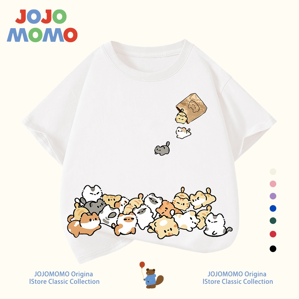【ส่งในวันเดียวกัน】เสื้อยืดเด็ก ลายแมวน่ารัก สีขาว-แดง ผ้านุ่ม ใส่สบาย แบบ Unisex สำหรับเด็ก 1-10 ปี