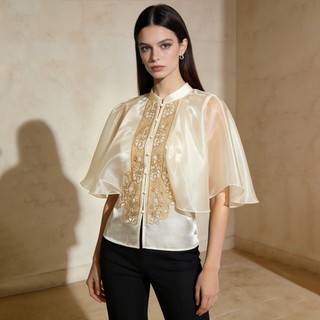 Amyenjoylife Modern Filipino-style organza cape shirt, embroidered top
