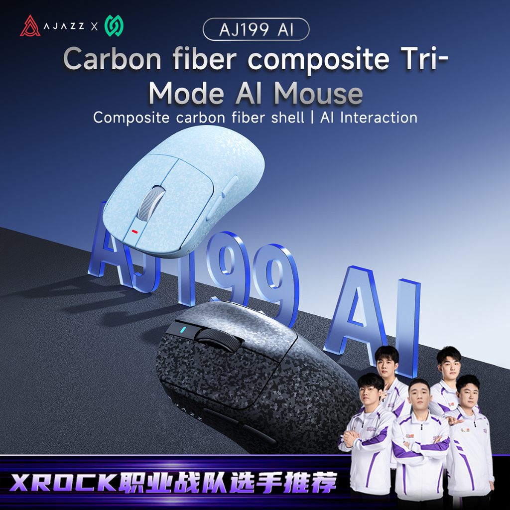 AJAZZ AJ199 AI Tri-Mode เมาส์ไร้สาย, เปลือกคาร์บอนไฟเบอร์, การควบคุมด้วยเสียง AI, แบตเตอรี่ 500mAh, 