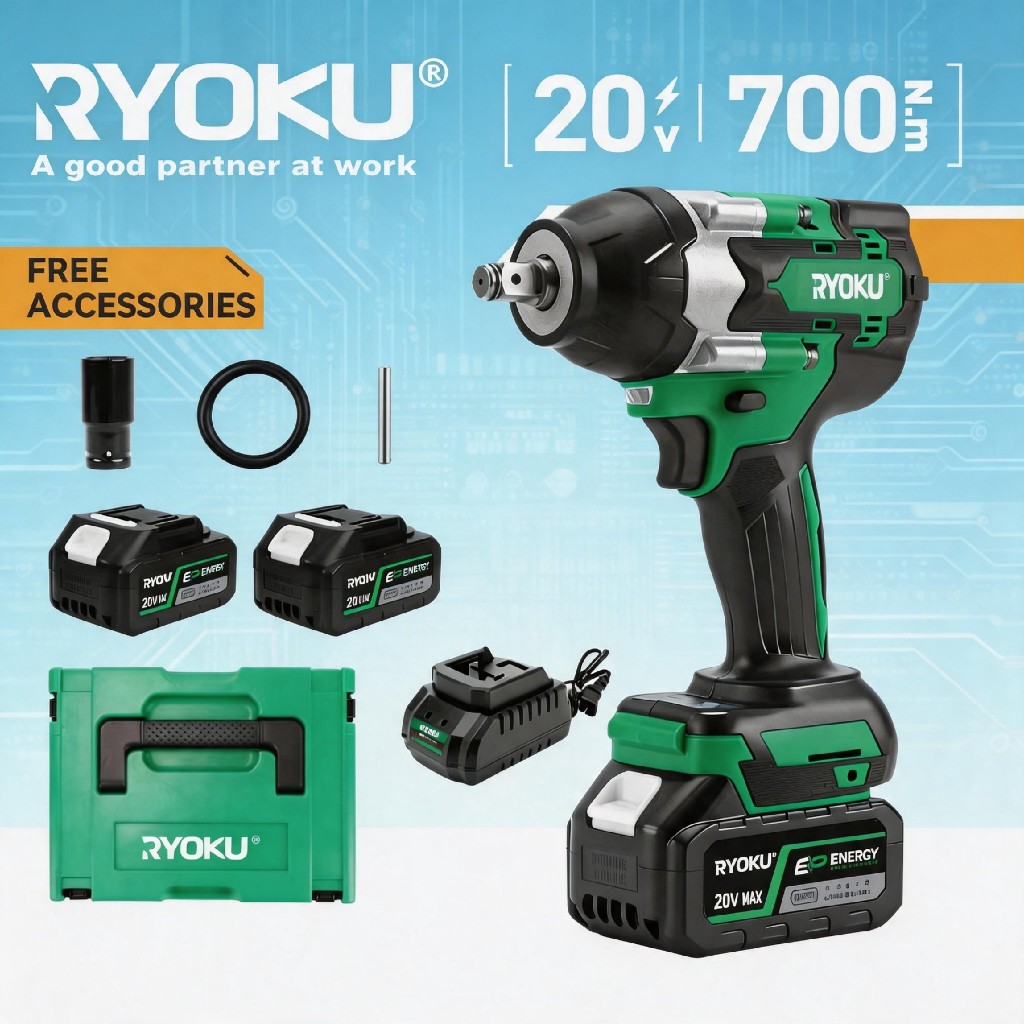 RYOKU 20V ประแจผลกระทบแบบไม่มีแปรงไร้สาย 1/2 ประแจผลกระทบพร้อมแรงบิด 700NM