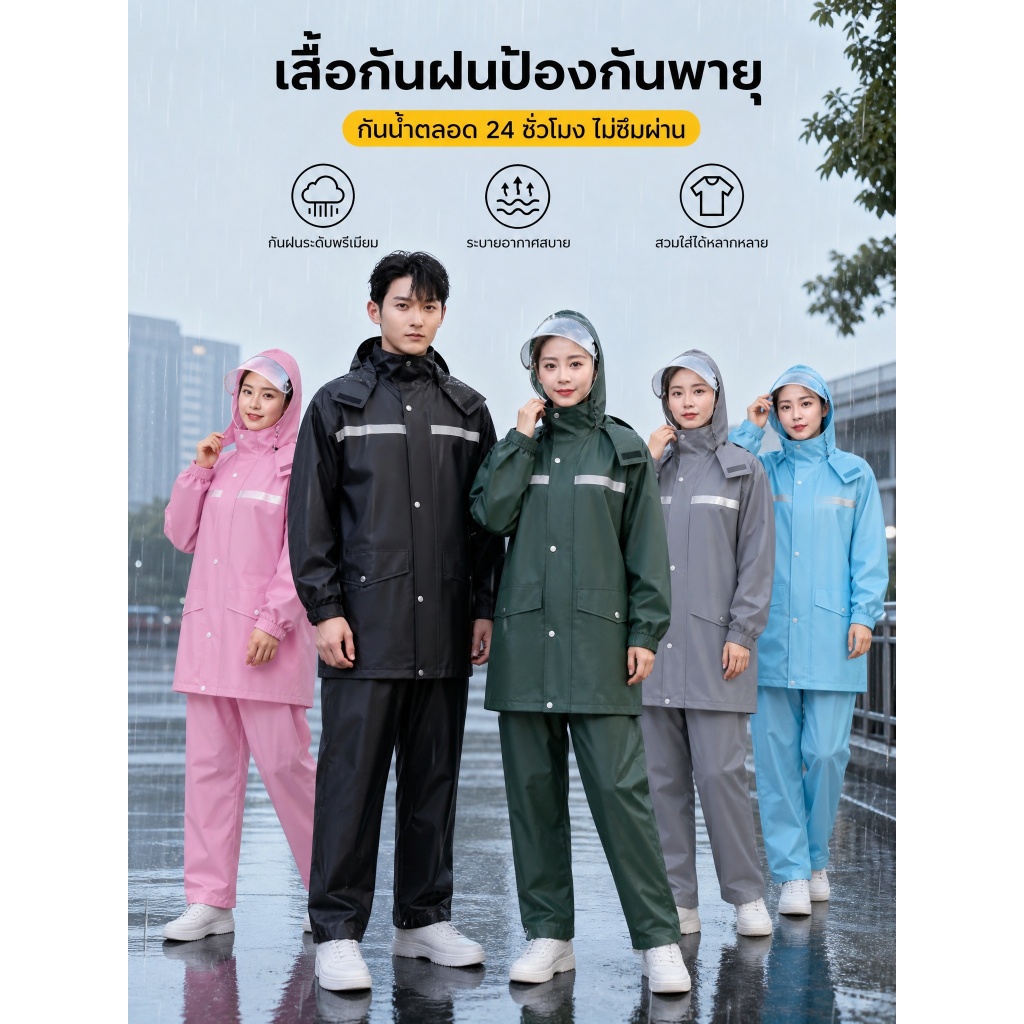 ชุดกันฝนสวมใส่สบาย สำหรับทั้งชายและหญิง ครอบคลุมปกปิดร่างกายได้ดี ทนต่อสภาพอากาศฝนตก รองรับการสั่งซื้อขายส่ง | Benz_Store