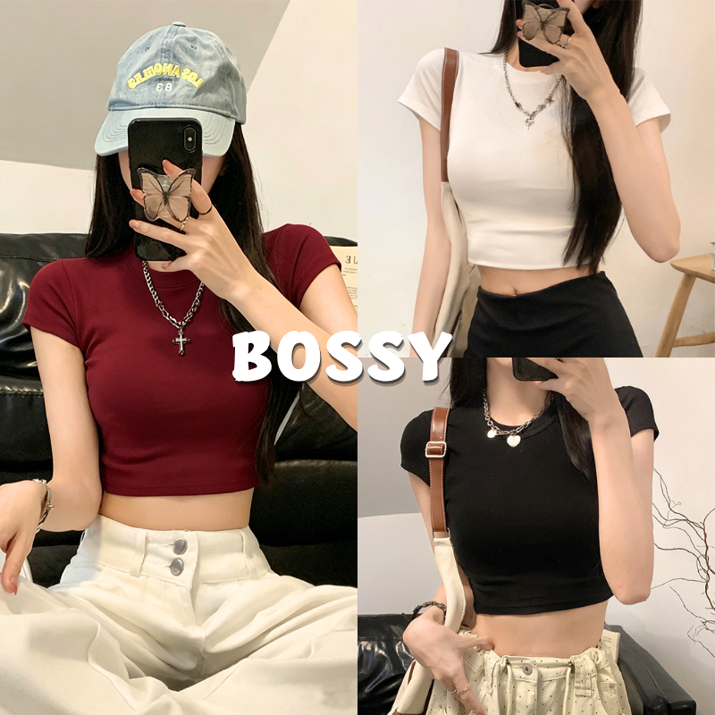 BOSSY เสื้อยืดแขนสั้นคอกลมรัดรูปแบบอเมริกันสําหรับผู้หญิงในฤดูร้อนสาวร้อนเสื้อบอททอมบางและอเนกประสงค์อารมณ์สั้นสะดือด้านบน ผ้าฝ้าย100%#B