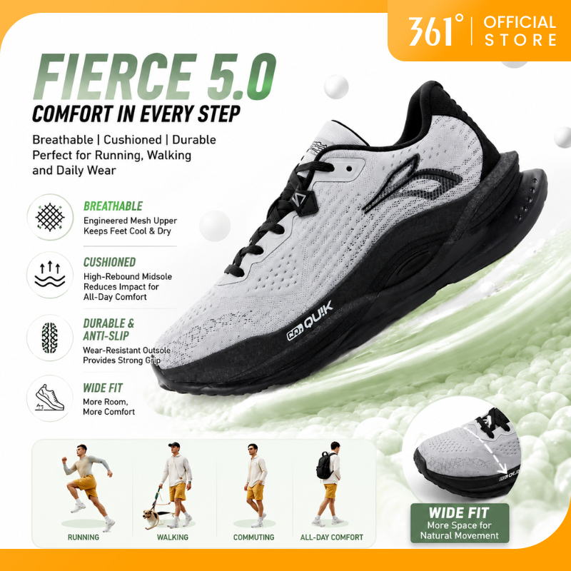 【Wide】361 Degrees Fierce 5.0丨รองเท้าวิ่งชายแบบหน้ากว้าง ระบายอากาศได้ดี ดูดซับแรงกระแทก 672522218
