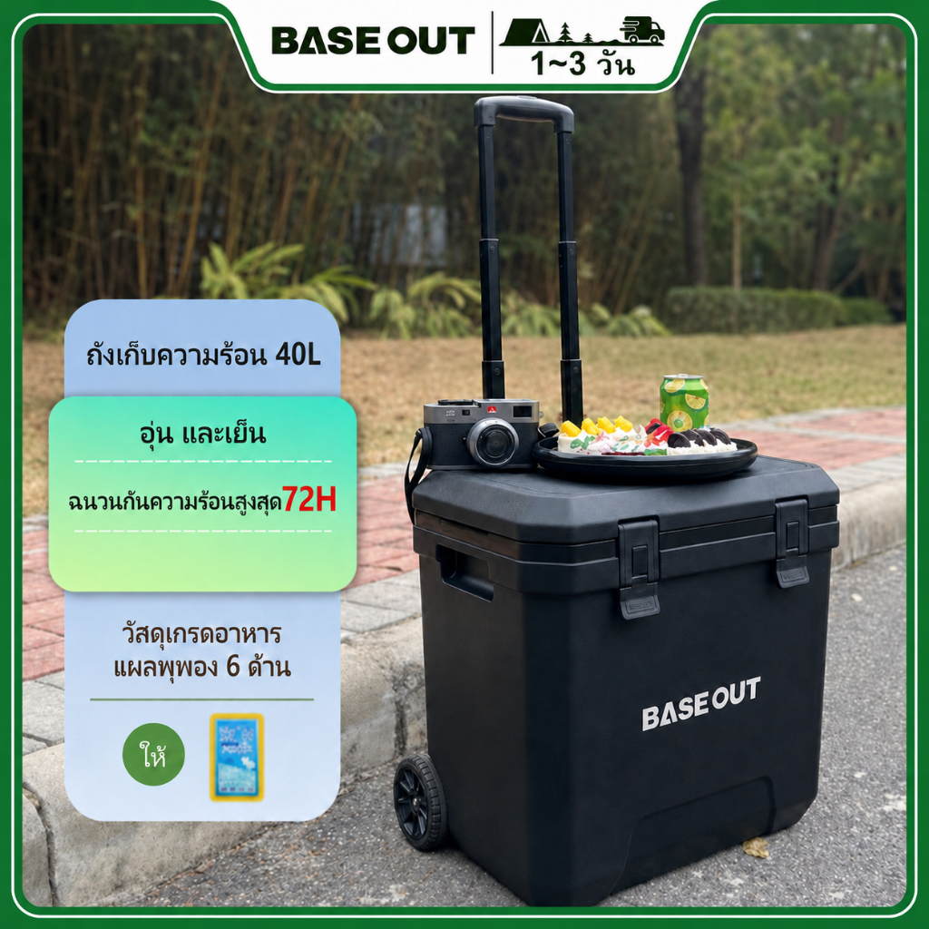 BASE OUT 40L รถเข็นตู้เย็นกล่องฉนวนแบบพกพาตั้งแคมป์กลางแจ้งรถตู้เย็น