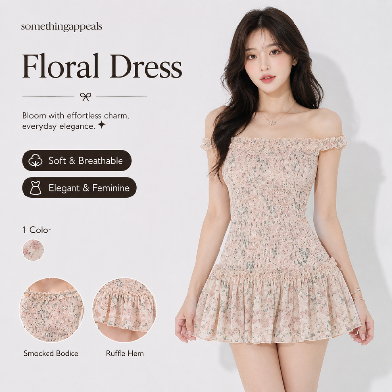 somethingappeals Floral Dress เดรสลายดอก คอปาดไหล่ผ้าชีฟองรัดรูปสไตล์หวาน ใส่ไปเที่ยว/ไปทะเล