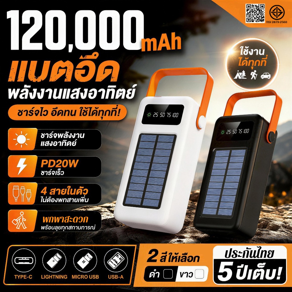【พลังงานแสงอาทิตย์】PowerBank 4 พอร์ต สายในตัว เหมาะหลายสถานการณ์ ชาร์จเร็วไม่เกิดความร้อน แบตสํารอง พาวเวอร์แบง