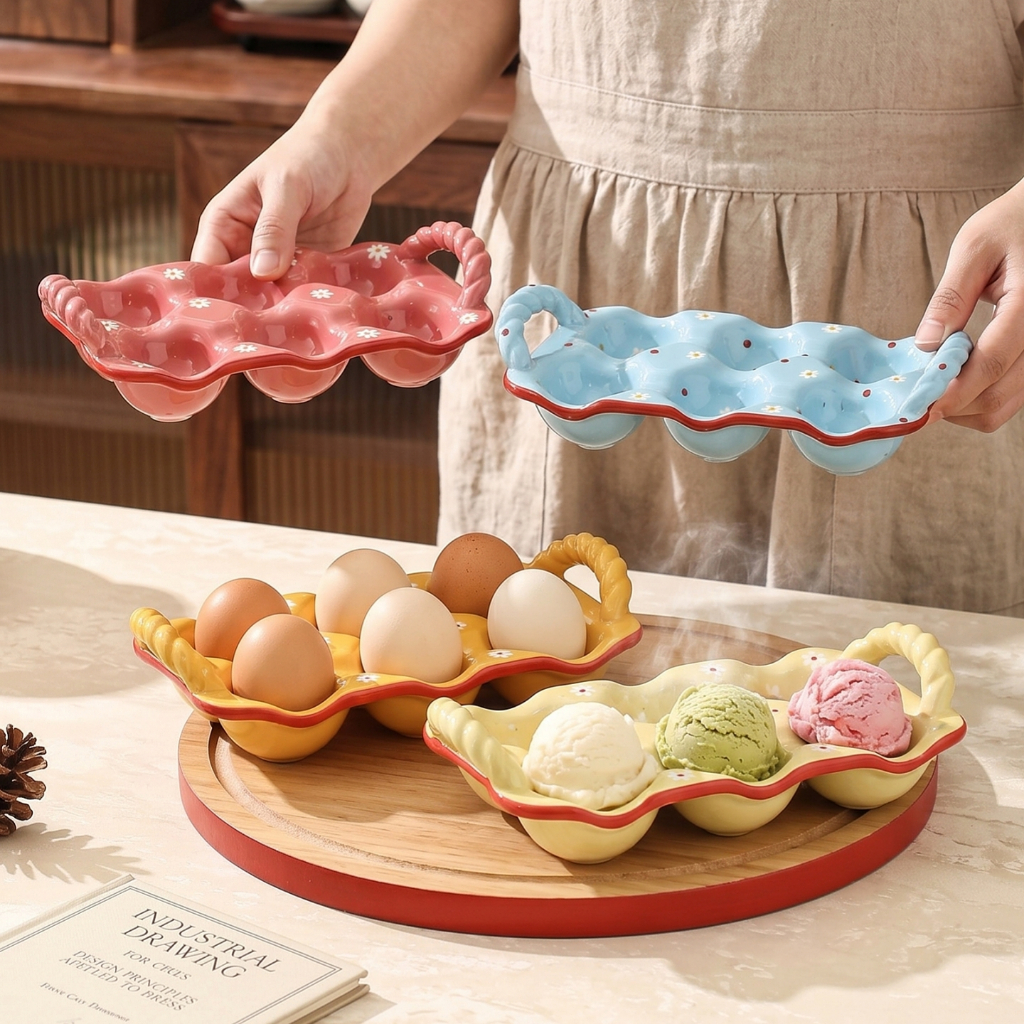 HongDian ถาดไข่เซรามิกที่วางไข่เยี่ยวม้าถาดทาโกะยากิ ceramic egg holder tray tableware ถาดไข่เซรามิกของตกแต่งห้องครัว มีหูจับสองข้างแบบชิ้นเดียวหยิบง่ายไม่ลอกสี คุณภาพสูง men dưới ล้างง่ายกันรอย ดีไซน์ต้นฉบับโรงงานขายตรงของแท้ส่งเร็ว