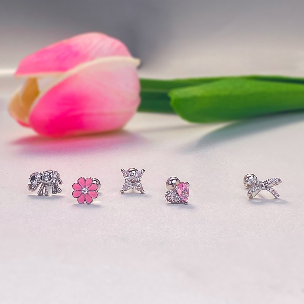1 ชิ้น ก23 ต่างหูเหล็กไทเทเนียมดอกไม้สีชมพู, ต่างหูรูปหัวใจของขวัญเครื่องประดับน่ารัก