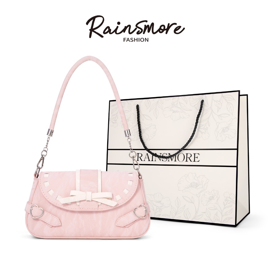RAINSMORE กระเป๋าสะพายข้างทรงบาเก็ต ตกแต่งด้วยโบว์ ดีไซน์หรูหรา ใส่เข้ากับทุกลุคประจำวัน