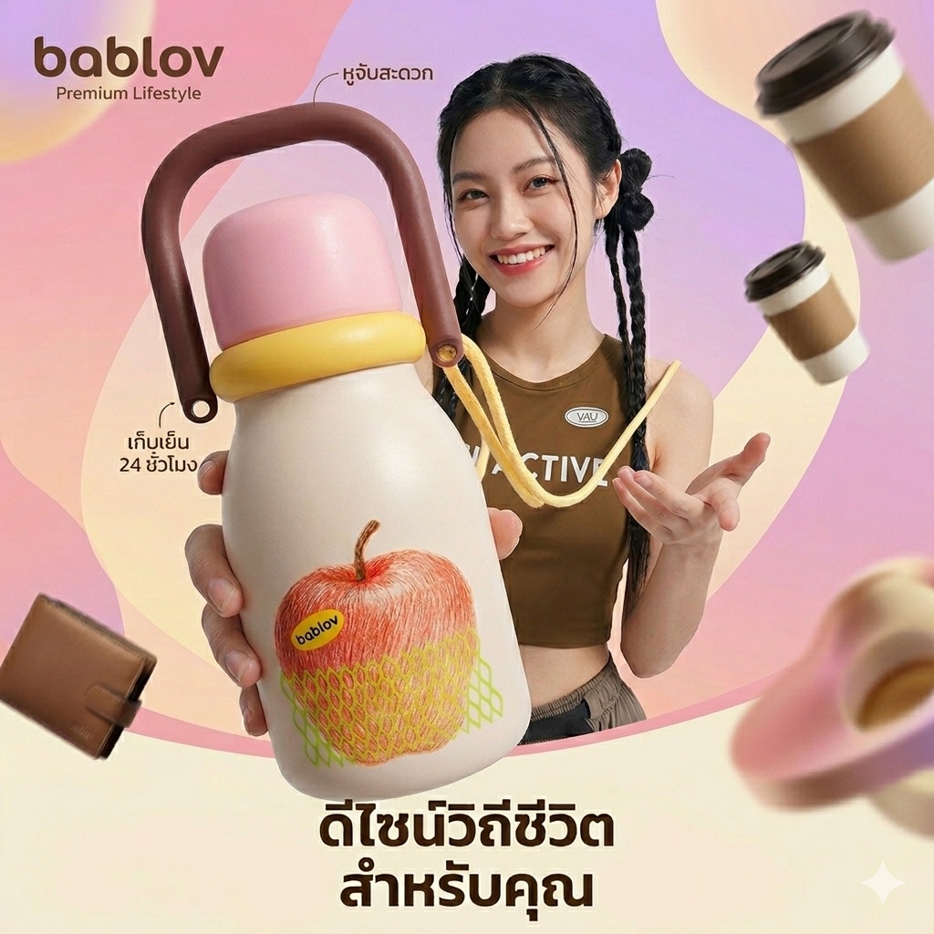 Bablov กระบอกน้ำสแตนเลส 670ml - ด้ามจับตามหลักสรีรศาสตร์, ภายในไม่ติด, หลอดคู่และดื่มปากกว้าง