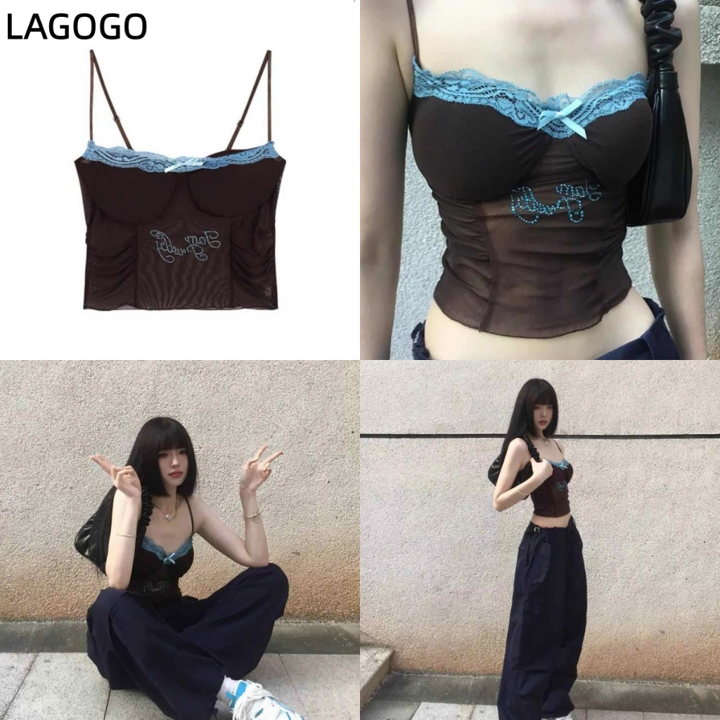 American Hot Girl Lace Stitching Bow Camisole ผู้หญิงฤดูร้อนเซ็กซี่ด้านใน Slim สั้นโปร่งใสเล็กน้อย