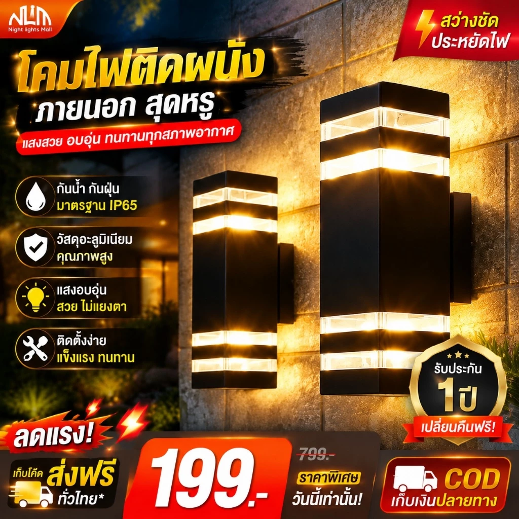 รับประกัน30ปี โคมติดผนัง ประดับกลางแจ้ง IP67 กันน้ำได้ LED กลางแจ้ง ไฟสวน ไฟทางเดิน ไฟกิ่ง E27 3สี โคมติดผนังแบบเรียบง่ายในครัวเรือน
