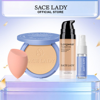 SACE LADY Oil Control Face Powder + Matte Liquid Foundation Waterproof Flawless Setting Powder Compact Face Makeup With Puff