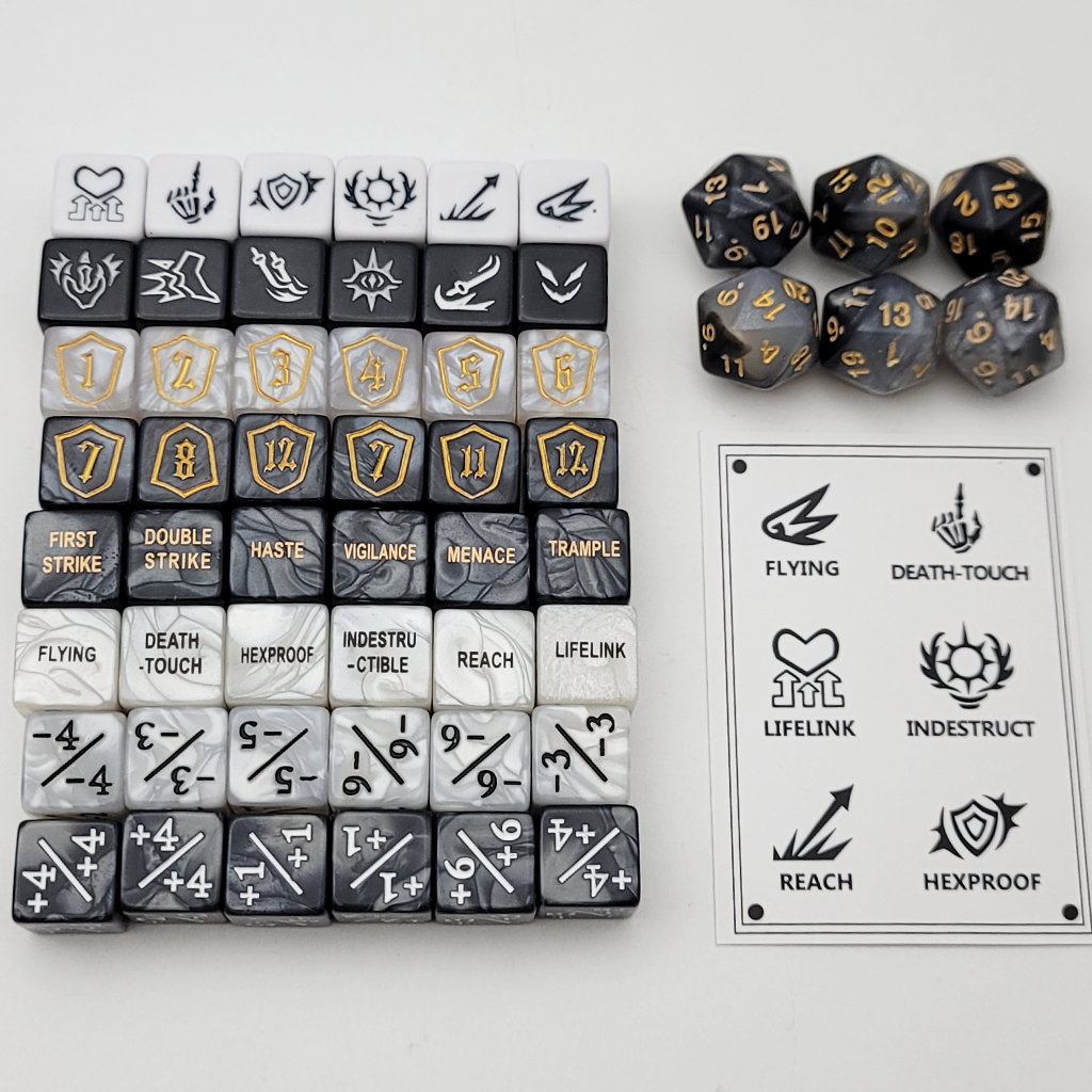 MTG Counter Dice Set - ความสามารถ Keyword -1/1 Life Shield Design Display Creature Status Buff หลากสีหินอ่อน D6 สําหรับเกม