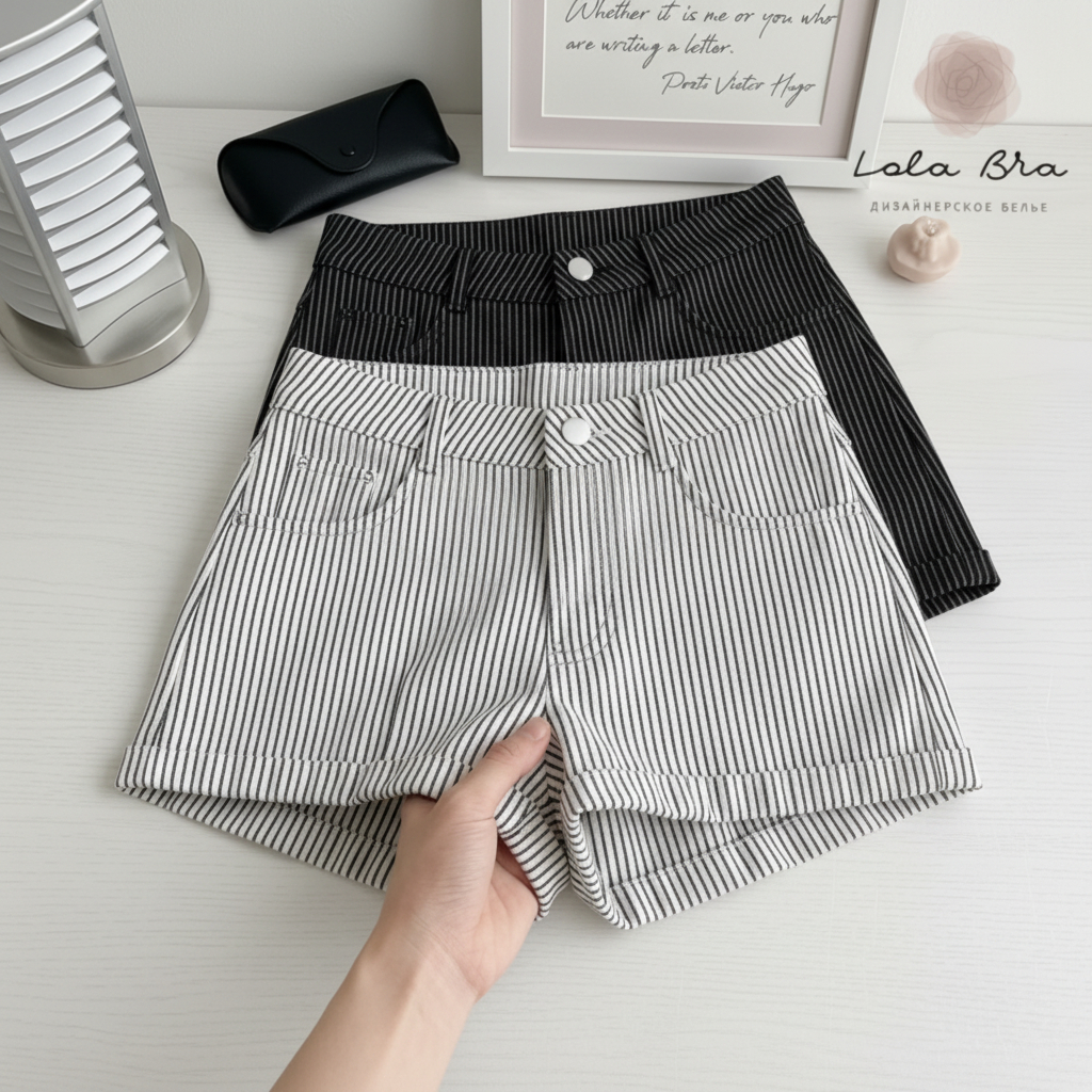 🖤ส่งไวจากไทย 🖤กางเกงขาสั้น ลายทางขาวดำ ปลายขาพับ Casual Shorts สไตล์เกาหลี