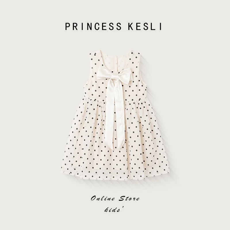 Princess Kesli เดรสเด็กเกาหลี ลายจุด ชุดเดรสไตล์เจ้าหญิง ประดับโบว์ เหมาะกับงานวันเกิด 2-12 ปี