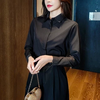 เสื้อเชิ้ตผู้หญิง สีดำ เสื้อเชิ้ตคอปกแขนยาวใส่เที่ยว ใส่ทำงาน เนื้อผ้าไหมอิตาลี่ รีดง่ายสวมใส่สบาย