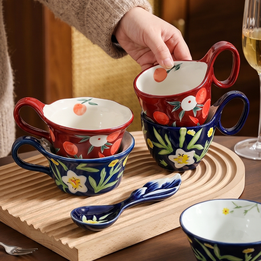 HongDian ถ้วยชามเซรามิกลายดอกไม้วาดมือ ceramic bowl mug cup tableware หูจับแบบบูรณาการ งานเซรามิกคุณภาพสูง ผิวเคลือบใต้ ทนรอยขีดข่วน ไม่ลอกสี ล้างง่าย ใช้ไมโครเวฟ เตาอบ เครื่องล้างจาน ตู้ฆ่าเชื้อ kitchenware dinnerware ของใช้ในครัว ของใช้บนโต๊ะอาหาร ของขว