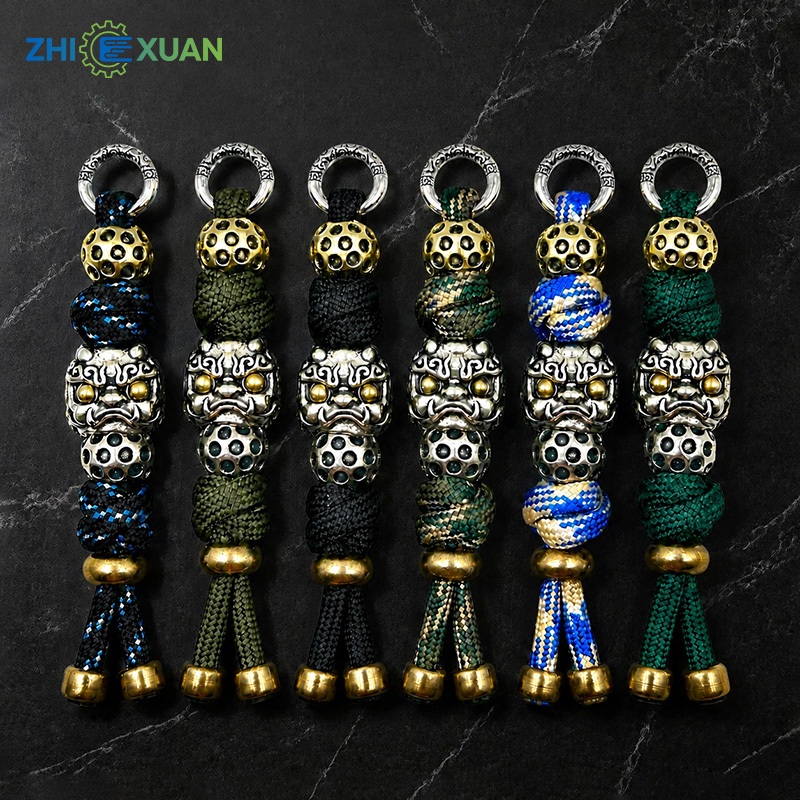 ZHI XUAN จี้แขวนเชือกพาราคอร์ด EDC พวงกุญแจห้อยมีดห้อยกระเป๋า สไตล์วินเทจ รูปสิงโตปี่ซิ่ว ใช้ได้หลายอย่าง