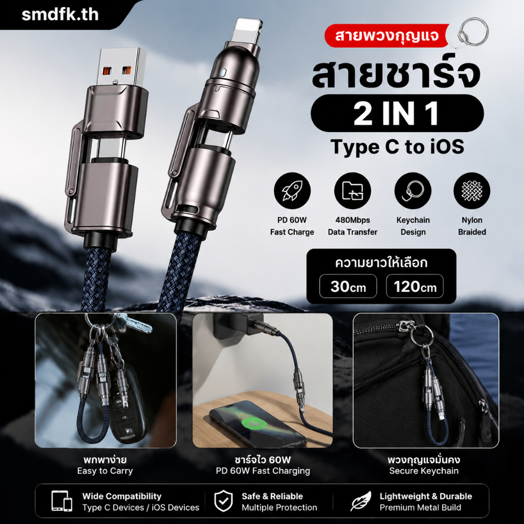 สายชาร์จเร็ว PD Type C 60W และ Type C to iOS 27W แบบคล้องคอ พวงกุญแจ ถักเปีย 0.3/1.2ม. ส่งข้อมูล 480