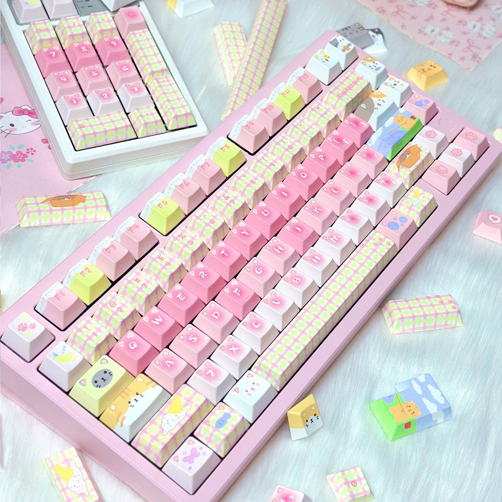 Kitty Squad Keycaps PBT Five Sided Dye Sublimation Cherry Profile สไตล์น่ารักคีย์บอร์ดแบบกลไกชุดปุ่มกด