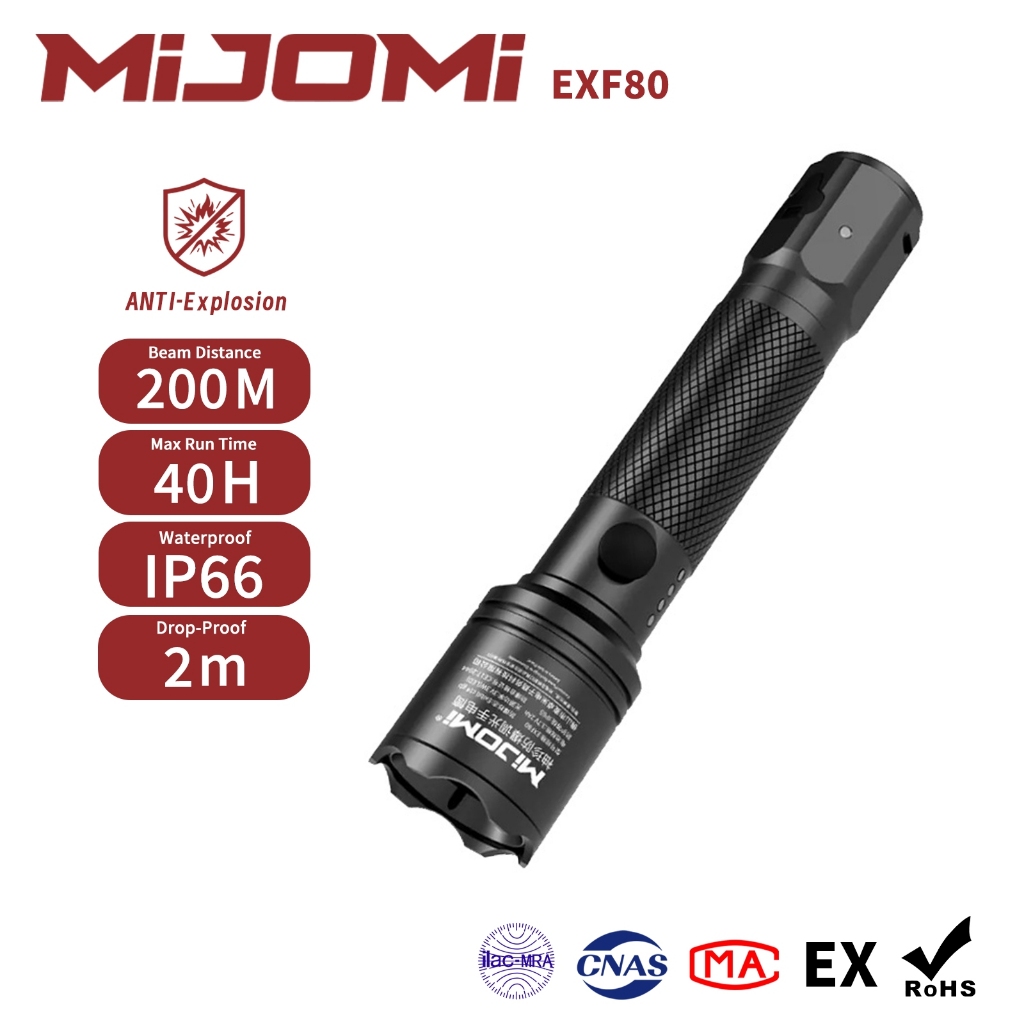 Mijomi EXF80 ไฟฉายป้องกันการระเบิด, ไฟฉายแบบชาร์จไฟได้ 220LM, ระยะลําแสง 200M, เวลาวิ่ง 40H, กันน้ํา