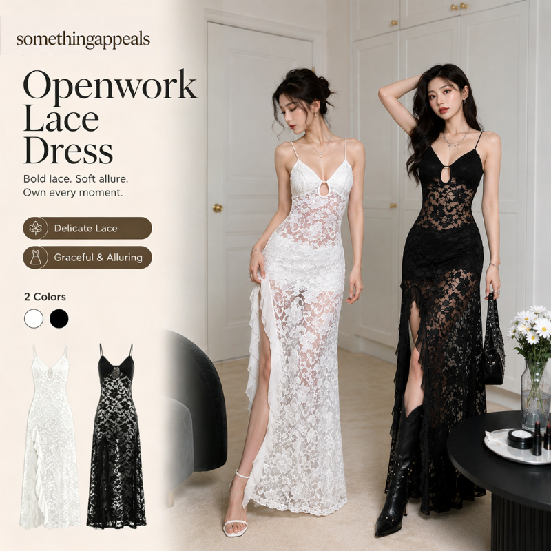 somethingappeals Lace Dress ชุดราตรีลูกไม้โปร่งแสง คอวี ทรงยาวผ้าตัดแต่งลูกฟูก ใส่ไปปาร์ตี้สวย