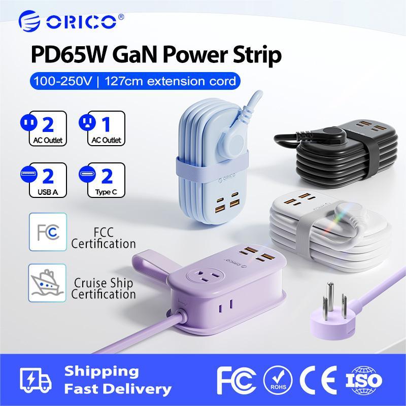 ORICO US Plug - 65W GaN Power Strip 3 AC Outlets 2 USB-A 2 พอร์ต USB-C Fast Charger สําหรับ MacBook iPad iPhone (AP3-65W)