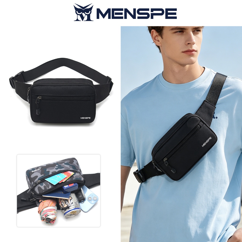 Menspe กระเป๋าคาดเอวกีฬาแฟชั่นผู้ชายกระเป๋ากระเป๋าคาดหน้าอกกันน้ํา Oxford Dual Zipper กระเป๋ายิมแบบพกพา