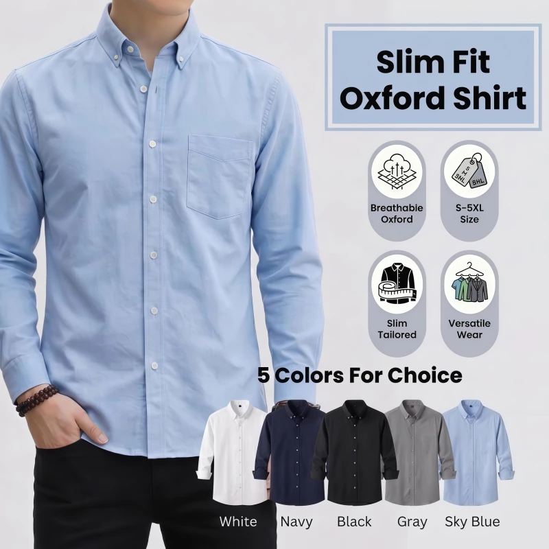 เสื้อเชิ๊ตชายแบบSlim Fit ลายOxford แขนยาว สวมใส่ง่ายและเหมาะสำหรับการทำงาน พร้อมเนื้อผ้านุ่มสบาย breathable ในหลายไซส์