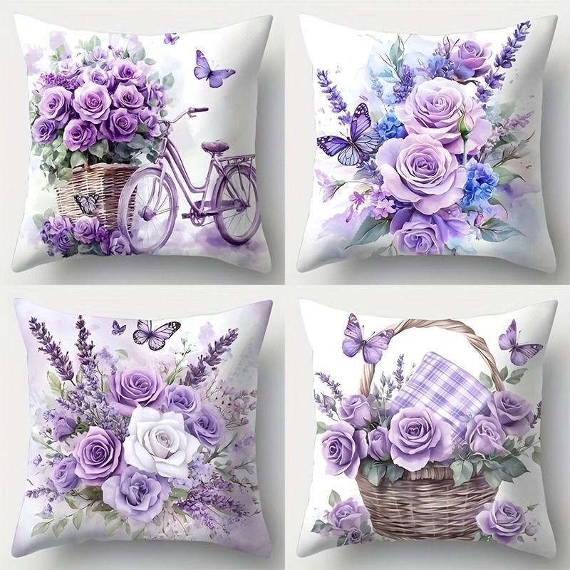 70×70.65×65.60×60.55×55.40×40.ปลอกหมอนลายดอกไม้สีม่วงสองด้าน.ปลอกหมอนโซฟาตกแต่งบ้าน
