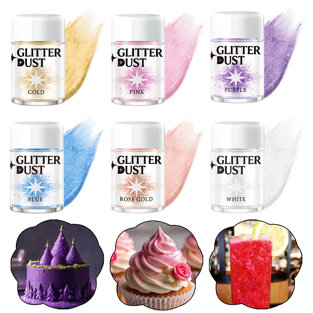 Food Safe Metallic Glitter Dust, ผงชิมเมอร์กินได้สําหรับการผสมเครื่องดื่ม, การตกแต่งสตรอเบอร์รี่และขนม