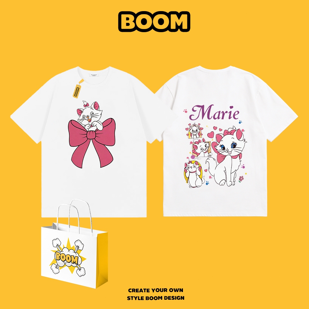 BOOM เสื้อยืดแขนสั้น เสื้อยืดคอกลมสีพื้น ผ้าฝ้าย 100% ระบายอากาศดี ลายการ์ตูนแมว ดีไซน์เก๋ เหมาะสำหรับเยาวชน