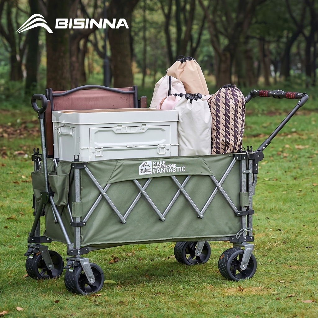 BISINNA Camping Wagon รถเข็นยูทิลิตี้พับเปิดด้านหลังแบบพกพา Heavy Duty All-Terrain รถเข็นสําหรับปิกนิกกลางแจ้งชายหาด
