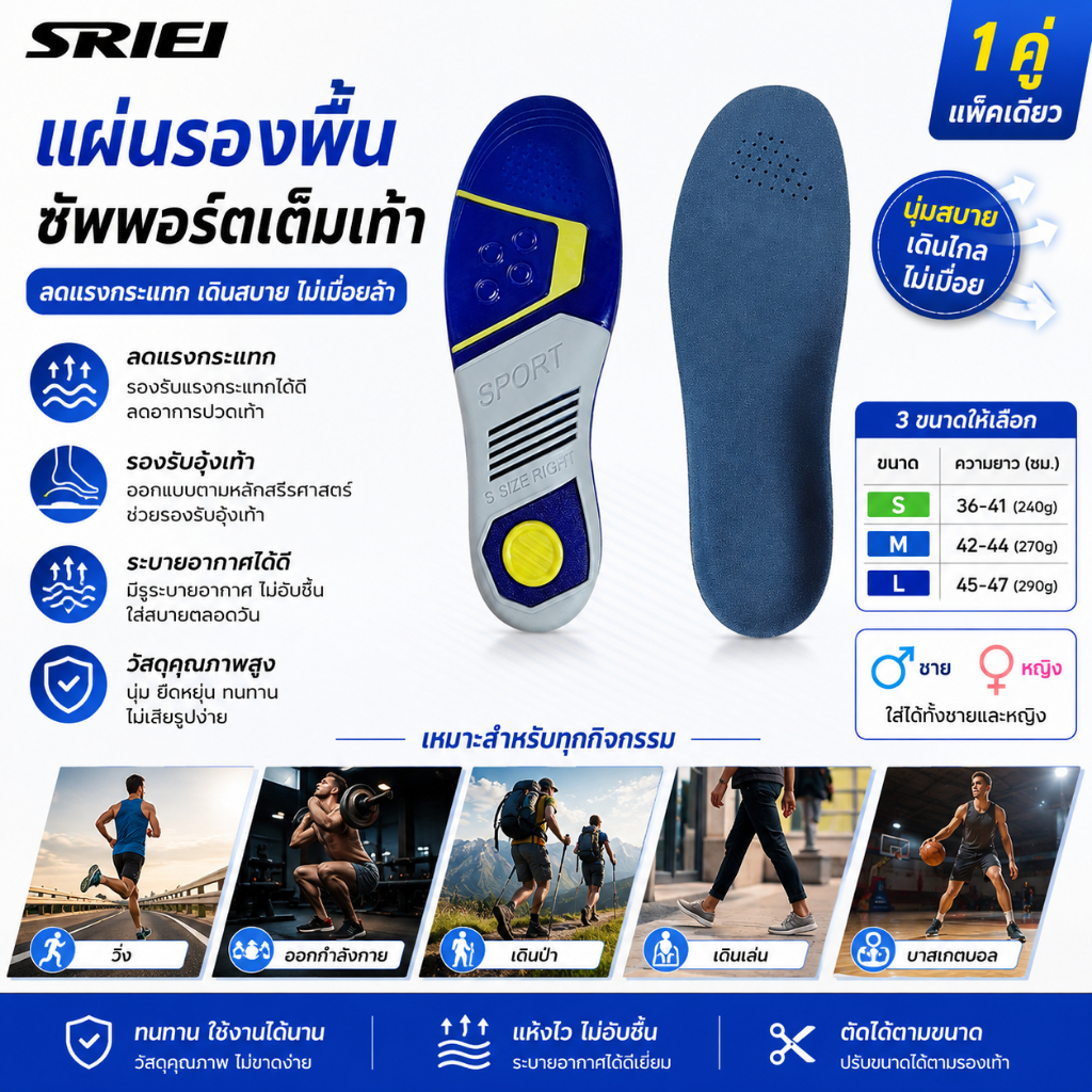 SRIEI Arch Support Insoles รองเท้าแทรก Plantar Fasciitis Insoles สําหรับผู้หญิงผู้ชาย- ให้การดูดซับแรงกระแทกและกันกระแทก - พื้นรองที่สะดวกสบายสําหรับแบน, ปวดเท้า, ปวดส้นเท้า