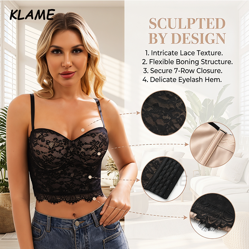 KLAME M-2XL ผู้หญิงเซ็กซี่ Halter คอสวมใส่ด้านนอก Breathable ลูกไม้ Backless Push Up Bra Top KLM1621