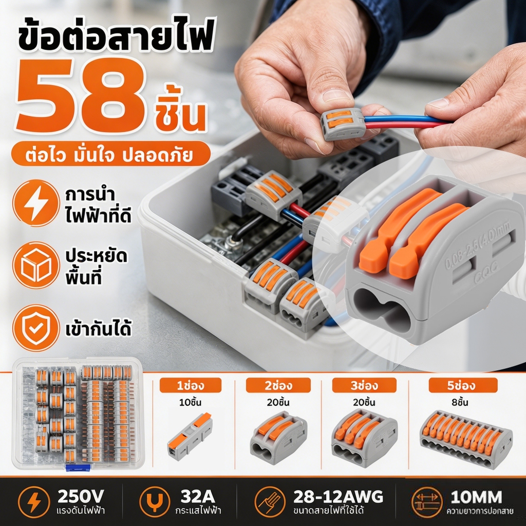 58/121ชิ้น ตัวแยกสายไฟตัวเชื่อมสายไฟแบบล็อค ข้อต่อสายไฟ ขั้วต่อสายไฟ เต๋าต่อสาย แผงต่อสายไฟ Lever Wire Connector 28-12 AWG 2/3/5 ตัวนําชุดรวม 1 ใน 1 Out เทอร์มินัลอินไลน์