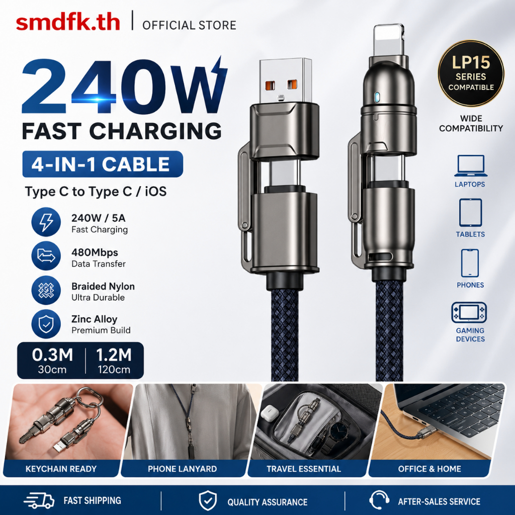 สายชาร์จเร็ว Type C 60W / C to iOS 27W แบบพวงกุญแจและสายคล้องคอ ถักทนทาน 0.3/1.2ม. ส่งข้อมูล 480Mbps