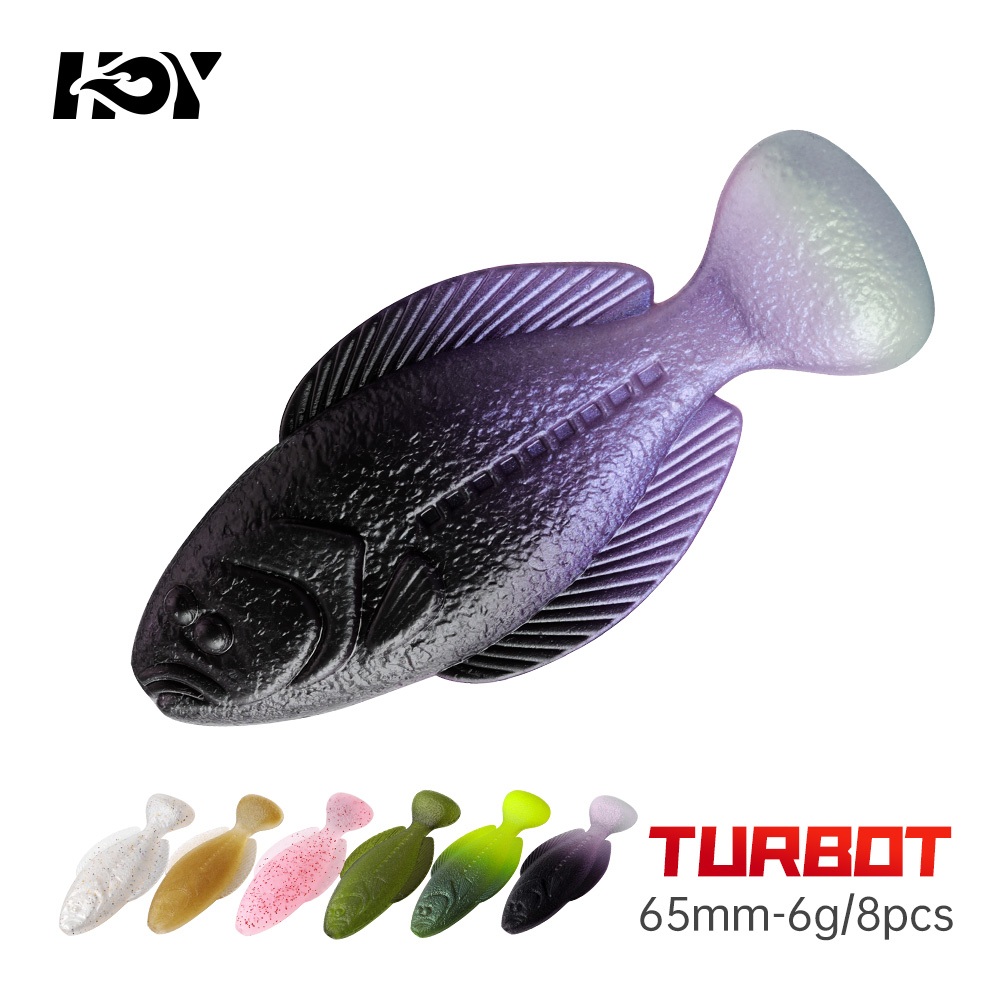 Kingdom TURBOT Soft Fishing Lure 8 ชิ้น/ถุง 65 มม.6g เหยื่ออ่อนช้า Sinking TPE กลิ่นกระเทียมที่สมจริง Flatfish Soft VIB Lure สําหรับนกยูง Bass Snakehead & All Predators