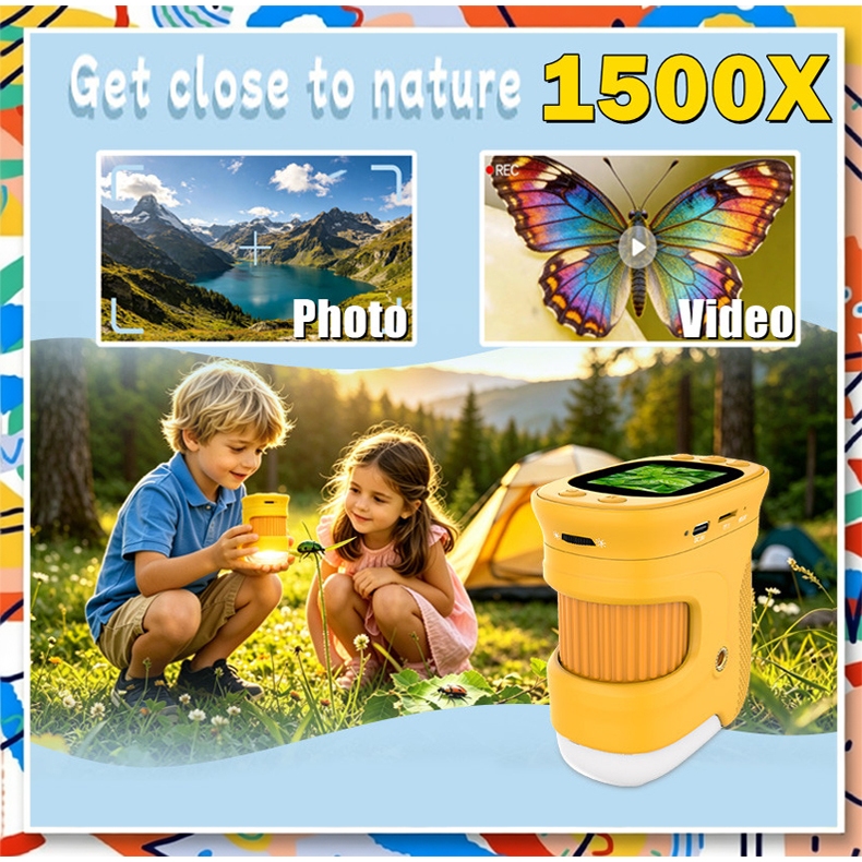 (NEW) 1500X กล้องจุลทรรศน์มือถือสําหรับเด็ก 1080พี 2.0 "หน้าจอชาร์จมินิพ็อกเก็ตกล้องจุลทรรศน์ดิจิตอล ว/สไลด์ ชุดแบบพกพา เอดู ของขวัญอายุ 4-6 8-12 เด็กนักเร