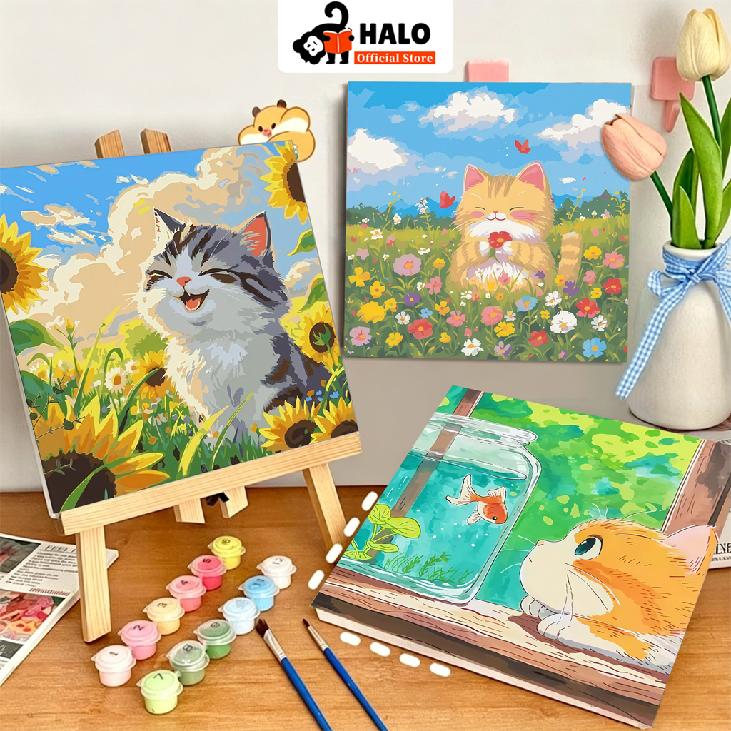 สีน้ํามัน ระบายสีตามตัวเลข 20x20ซม. (พร้อมกรอบ) พร้อมสีและพู่กัน ภาพวาดอะคริลิคภาพสีน้ํามันดิจิตอลทําเองของขวัญผนังจิตรกรรมของเล่นของขวัญเด็กกระตุ้นจินตนาการ
