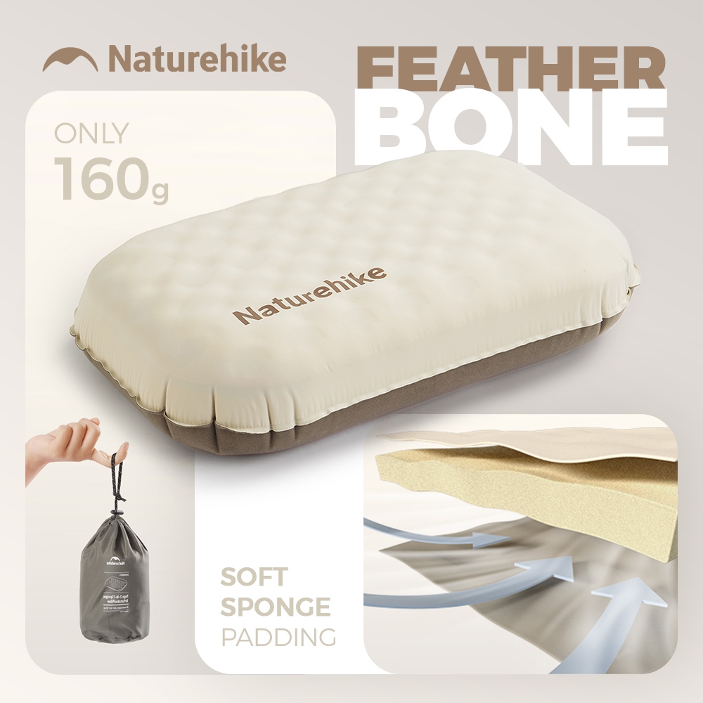 Naturehike รุ่น Feather Bone หมอนลมตั้งแคมป์แบบเป่าลม พร้อมฟองน้ำ 3D น้ำหนักเบาพกพาสะดวก หมอนเดินทางสำหรับรองรับคอ เหมาะสำหรับกิจกรรมกลางแจ้ง