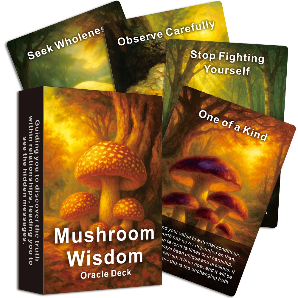 Mushroom Wisdom Oracle ไพ่ Oracle ภาษาอังกฤษ 48 ใบ ใช้สำหรับสมาธิและการค้นพบตัวเอง สำหรับมือใหม่ ขนาด 12x8 ซม.