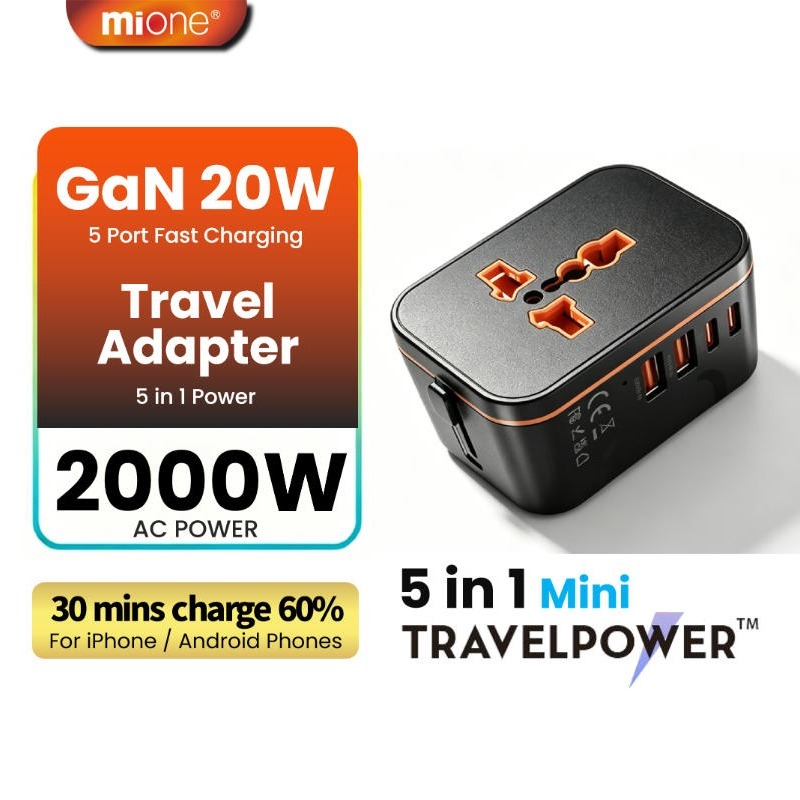 Mione 2000W สมาร์ทอะแดปเตอร์ปลั๊ก GaN Charger 20W USB Type C International Adaptor Socket Converter AC Power สําหรับ iPhone 15 16 17 Pro Max แล็ปท็อป US EU UK AU US Pin Plug