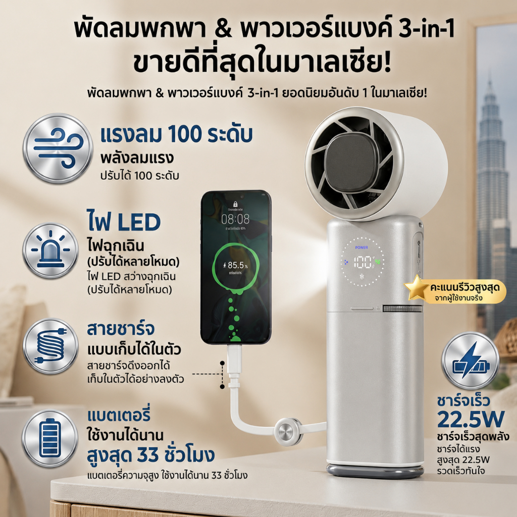 VENTIVO พัดลมพกพา พัดลมมือถือ 3 in 1 พร้อมแบตสํารองชาร์จเร็ว 22.5W ไฟ LED พัดลมขนาดเล็กแบบชาร์จไฟได้ COD