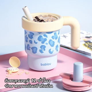 Bablov GUDU Ceramic แก้วเก็บอุณหภูมิ 610ml กระเพาะสแตนเลส 316 พร้อมที่จับบนโต๊ะ กันน้ำรั่วซึม หลอดใหญ่ 12mm พิเศษสำหรับดูดลูกไข่มุก ถอดล้างได้ แก้วสำหรับผู้หญิงลายเสือดาว แก้วสำนักงานสำหรับชา กาแฟ และชาเขียว