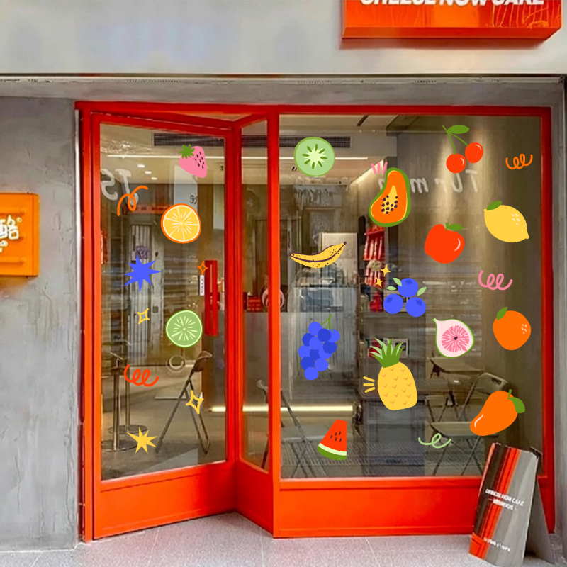 สติ๊กเกอร์กระจกไร้กาว การ์ตูนผลไม้ออกแบบร้านค้าหน้าต่างตกแต่ง ง เอแคลส์ บ้านหน้าต่าง/กระจกสติกเกอร์วัสดุพีวีซีสติกเกอร์สูญญากาศสติกเกอร์คลาสสิ