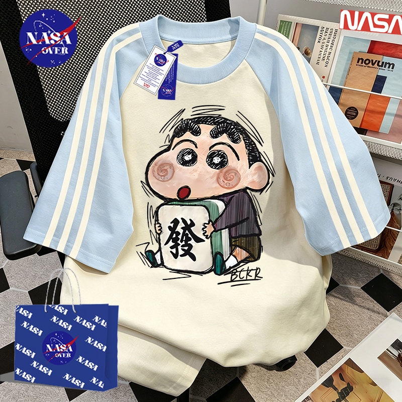 【จัดส่งตลอด 24 ชั่วโมง】🔥NASA ลายชินจัง ลายสามแถบ oversize tshirt เสื้อ💙คอกลมชุดหน้าร้อนผู้หญิงYG1111