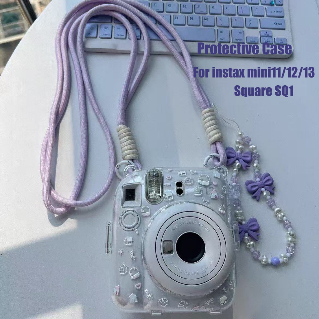 [สีม่วง] Instax Mini 12/11/13/Square SQ1 เคสป้องกันกล้องเคสใสพร้อมสายรัดอุปกรณ์เสริม mini13
